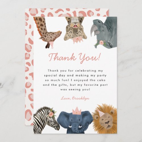 Pink Wild Safari Animals Birthday Party  Thank You Card
