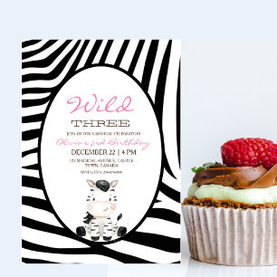 Pink Wild Three Zebra 3rd Birthday Party  Invitation