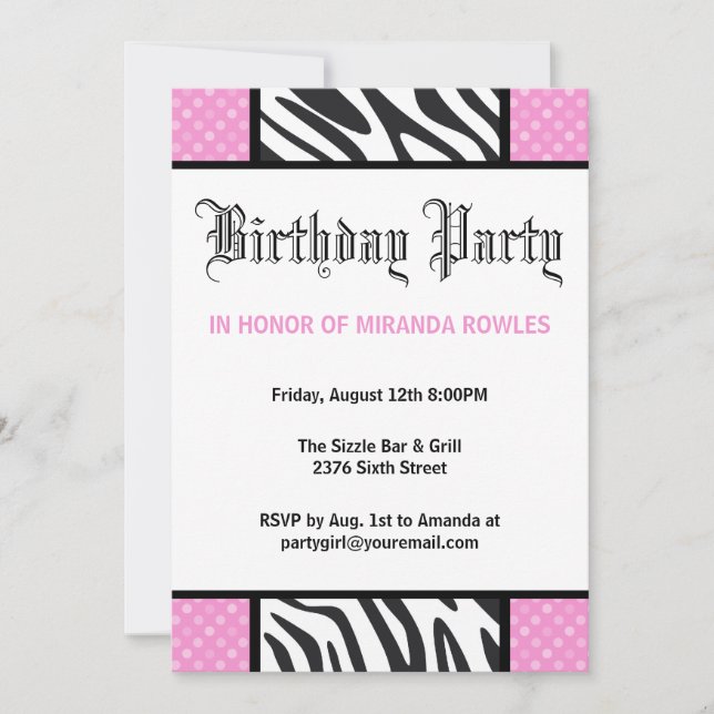 Pink Wild Time Zebra Birthday Party Invitation (Front)