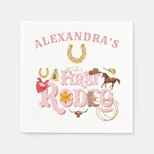 Pink Wild West First Rodeo Baby Girl 1st Birthday Napkins (Front)