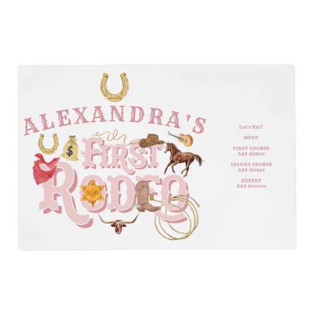 Pink Wild West First Rodeo Baby Girl 1st Birthday Placemat (Front)