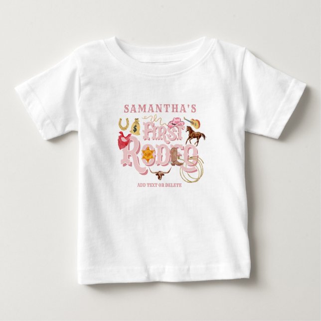 Pink Wild West First Rodeo Baby Girl 1st Birthday T-Shirt (Front)