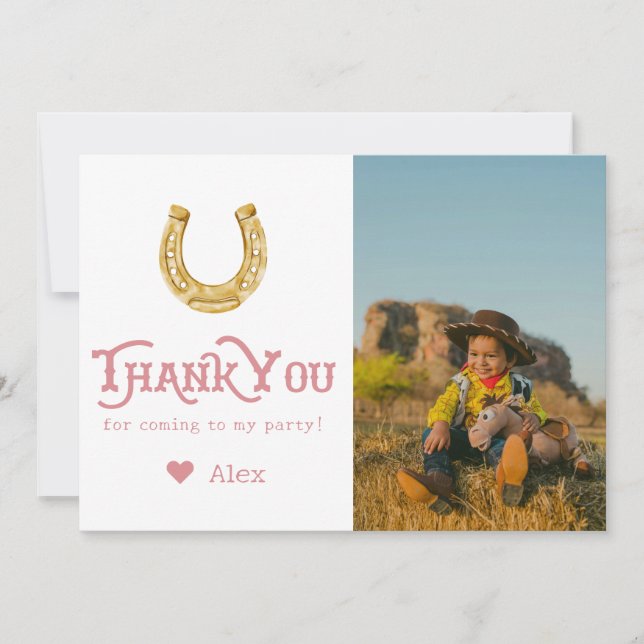 Pink Wild West First Rodeo Baby Girl 1st Birthday Thank You Card (Front)