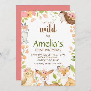 Pink Wild Woodland Animals 1st Birthday Invitation