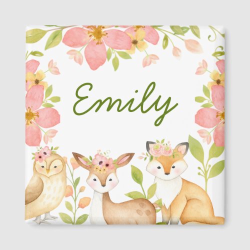 Pink Wild Woodland Animals Botanical Personalized Magnet