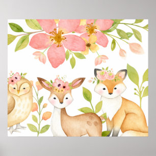 Pink Wild Woodland Animals Botanical Poster