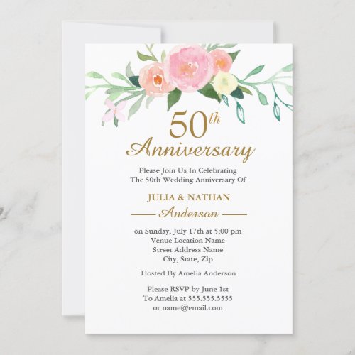 Pink Wildflow Watercolor 50th Wedding Anniversary Invitation