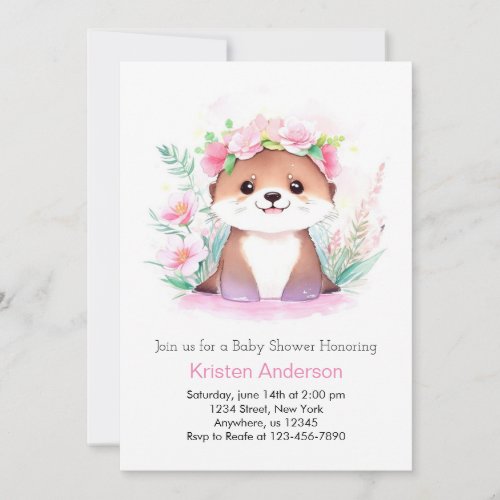 Pink Wildflower Adventure Otter Girl Baby Shower Invitation