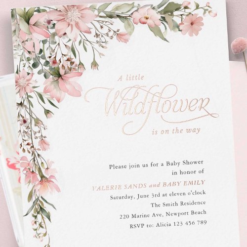 Pink Wildflower and Greenery Baby Girl Shower Foil Invitation