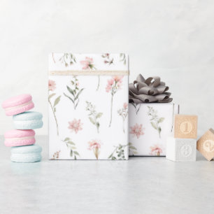 pink wildflower and sage green greenery wrapping paper