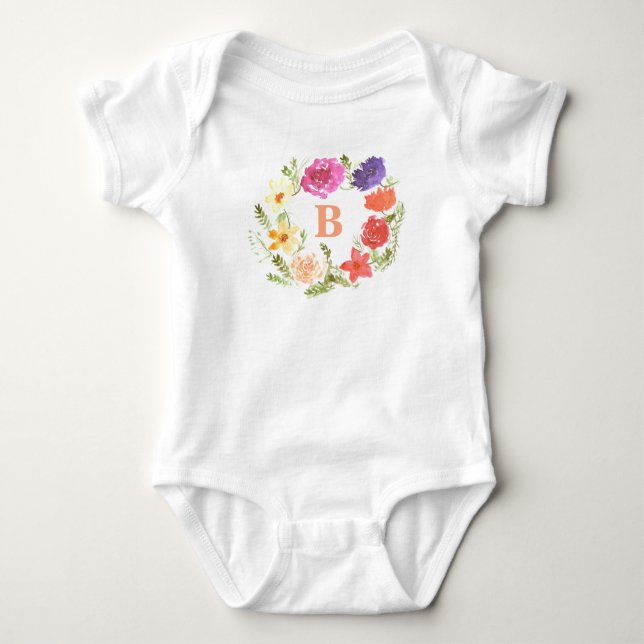 Pink Wildflower Baby Girl Initial Monogram Baby Bodysuit (Front)