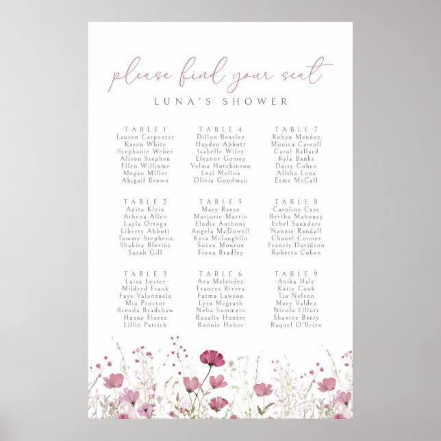 Pink Wildflower Baby In Bloom Seating Chart Poster (Front)