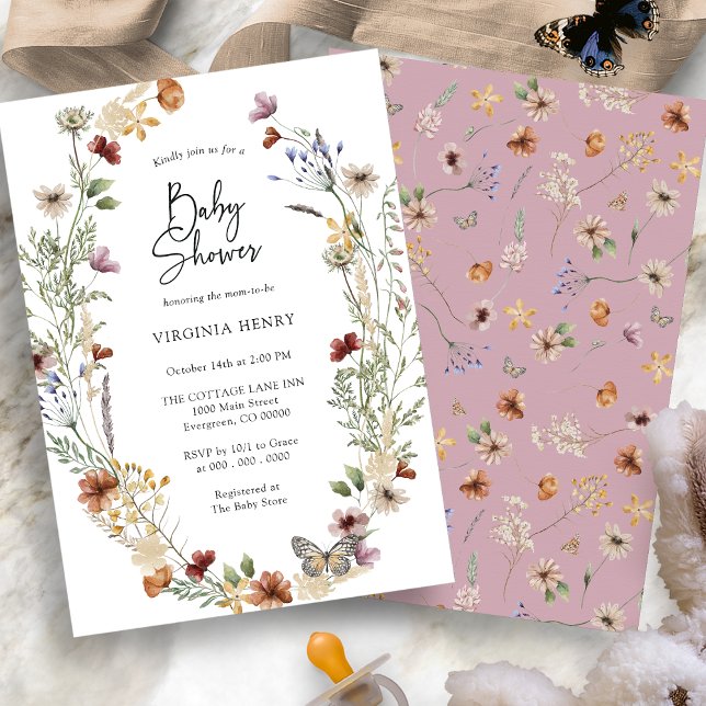 Pink Wildflower Baby Shower Invitation (Dusty Pink Boho Wildflower Baby Shower Invitation with Butterfly by Painted Paperie
)