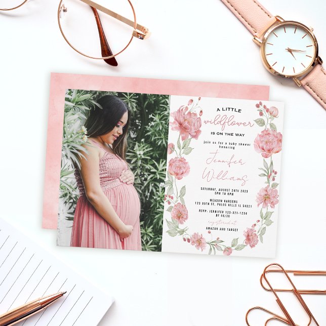 Pink wildflower baby shower photo invitation (Creator Uploaded)