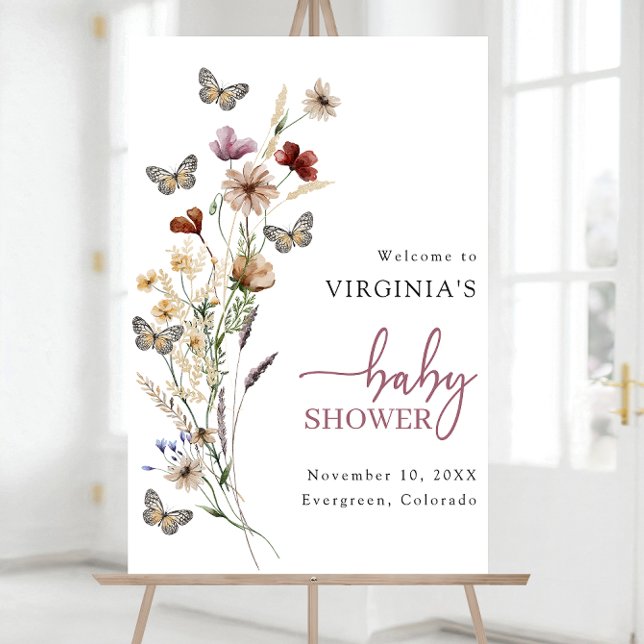 Pink Wildflower Baby Shower Welcome Foam Board (Dusty Pink Wildflower Baby Shower Welcome Foam Board with Butterflies by Painted Paperie
)