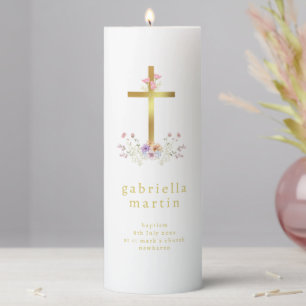 Pink Wildflower Baptism Candle with cross