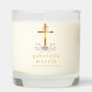 Pink Wildflower Baptism Candle with cross