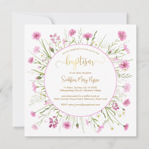 Pink Wildflower Baptism Card Gold Font