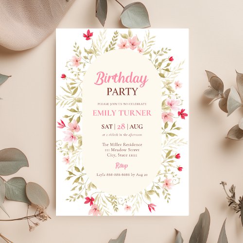 Pink Wildflower Birthday Invitation