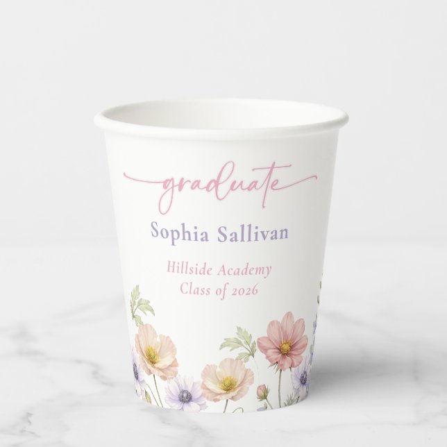 Pink Wildflower Bloom Graduation Party Paper Cups (Front)