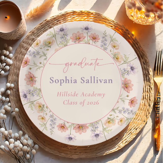 Pink Wildflower Bloom Graduation Party Paper Plates (Creator Uploaded)