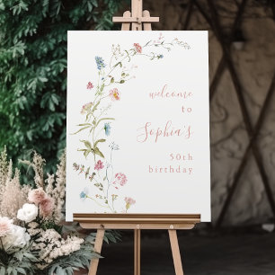 Pink Wildflower Boho Any Age Birthday Welcome Sign