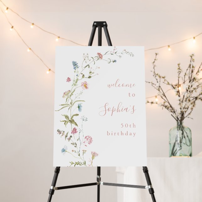 Pink Wildflower Boho Any Age Birthday Welcome Sign (In Situ (Stand))