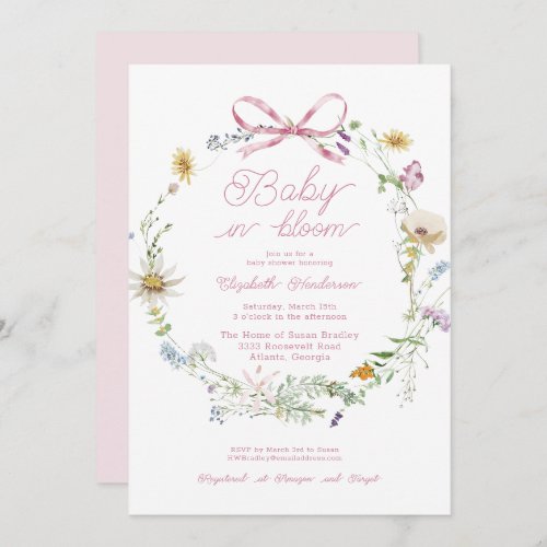 Pink Wildflower Bow Baby In Bloom Baby Shower Invitation
