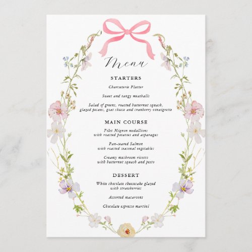 Pink Wildflower Bow Baby Shower Menu