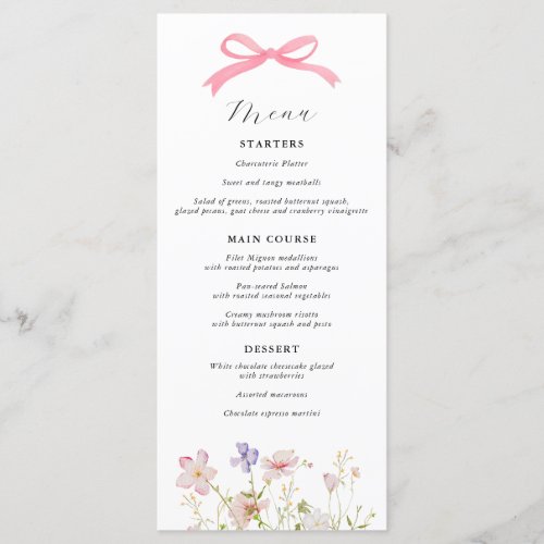 Pink Wildflower Bow Baby Shower Menu