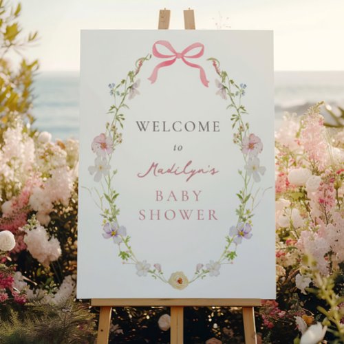 Pink Wildflower Bow Baby Shower Welcome Sign