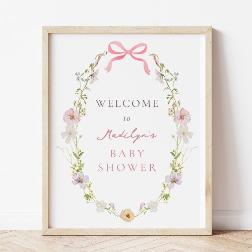 Pink Wildflower Bow Baby Shower Welcome Sign
