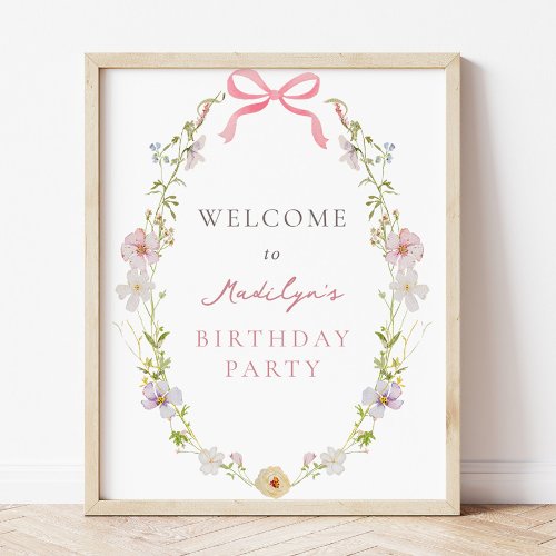 Pink Wildflower Bow Birthday Girl Welcome Sign