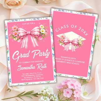 Pink Wildflower Bow Graduation Party Invitation