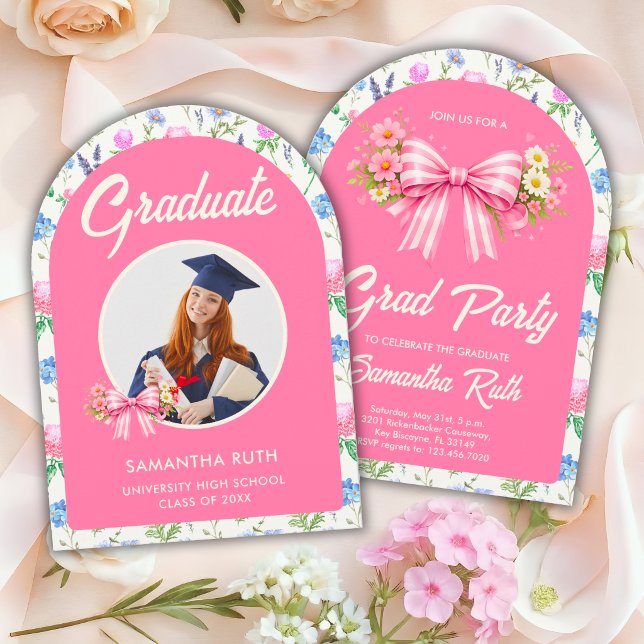 Pink Wildflower Bow Photo Graduation Party Invitation (Creator Uploaded)