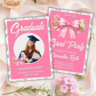 Pink Wildflower Bow Photo Graduation Party Invitation