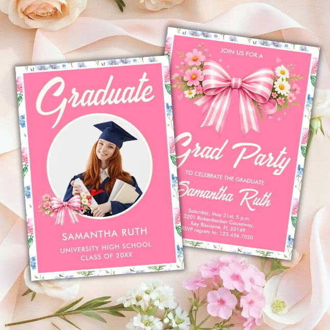 Pink Wildflower Bow Photo Graduation Party Invitation (Creator Uploaded)