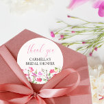 Pink Wildflower Bridal Shower Thank You Script Classic Round Sticker<br><div class="desc">Wildflower Meadow thank you stickers which you can personalize for any occasion. Dainty floral arrangements of pretty pink wild flowers with thank you lettered in elegant calligraphy. Soft feminine design with delicate and airy watercolor wildflowers in shades of pink. Nature inspired botanical design with romantic country garden blooms and flower...</div>
