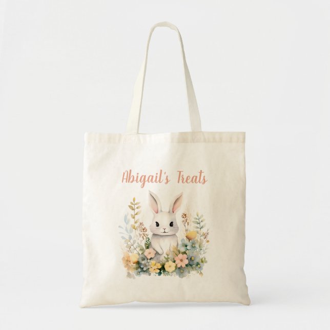 Pink Wildflower Bunny Rabbit Personalized Tote Bag (Front)