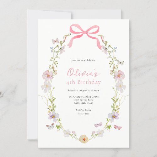 Pink Wildflower Butterflies Girl Birthday Invitation