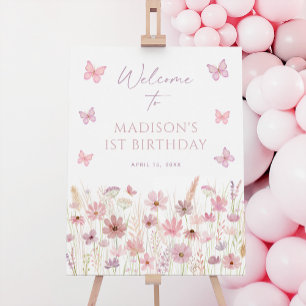 Pink Wildflower Butterfly Birthday Welcome Foam Board