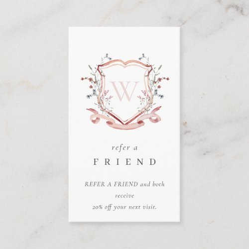 Pink Wildflower Crest Monogram Refer A Friend Business Card