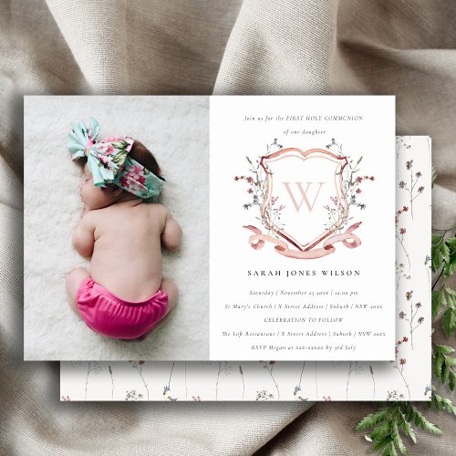 Pink Wildflower Crest Photo First Holy Communion Invitation