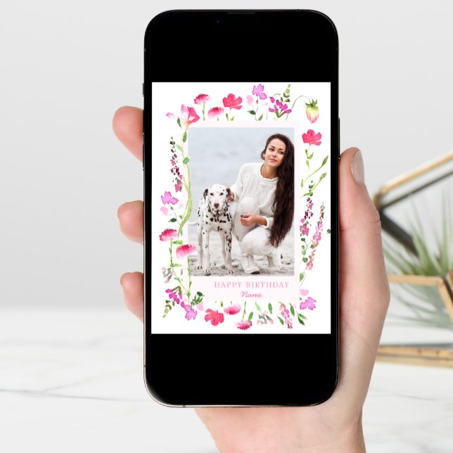 Pink Wildflower Delicate Floral Photo Birthday Card (Front Digital)