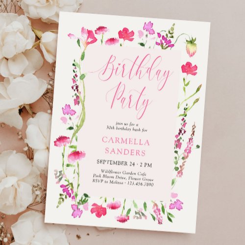 Pink Wildflower Elegant Feminine Birthday Party Invitation