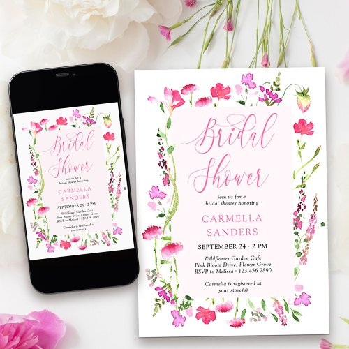 Pink Wildflower Elegant Feminine Bridal Shower Invitation