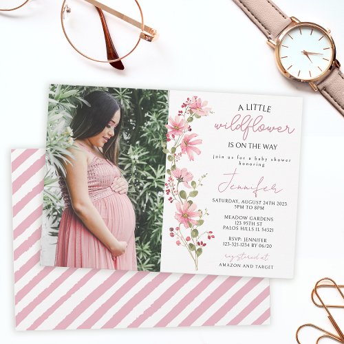Pink wildflower elegant floral baby girl shower invitation
