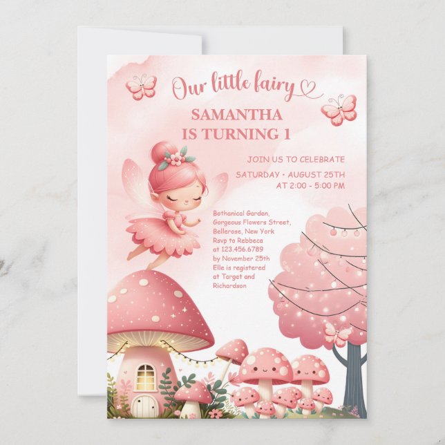 Pink Wildflower Fairy First Birthday Garden Party  Invitation (Front)