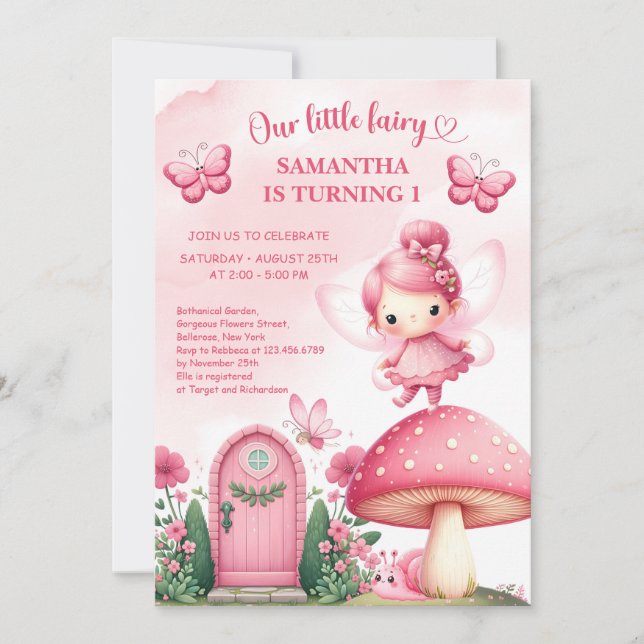 Pink Wildflower Fairy First Birthday Garden Party  Invitation (Front)