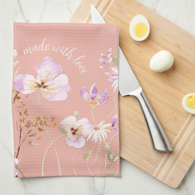Pink Wildflower Farmhouse Apron Large Kitchen Towel (Quarter Fold)